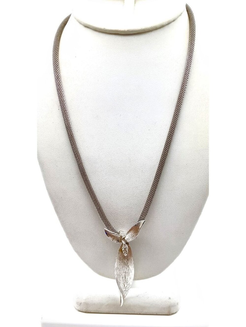 Vintage Judy Lee Mesh Chain Necklace with Brushed Silver Tone Mod Pendant
